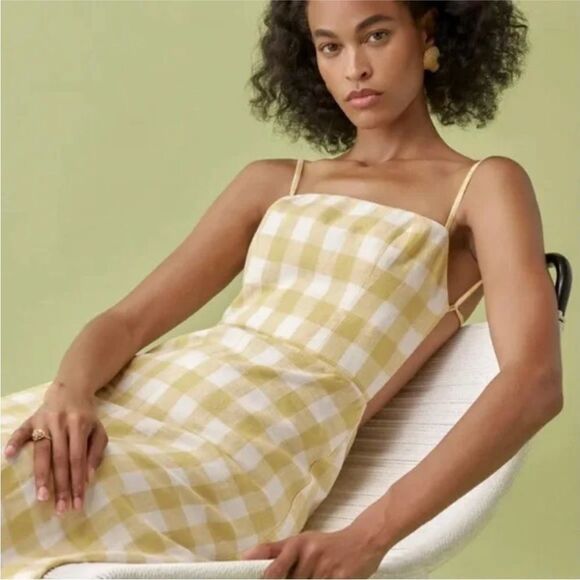 Reformation Nia Linen Open Back Midi Dress in Dandelion Check - Picture 3 of 10